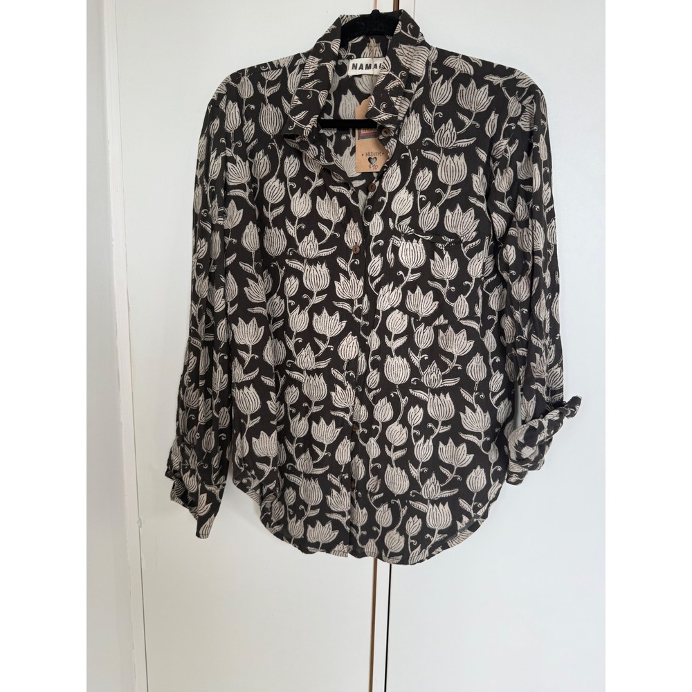 Namai Women Black White Cotton Block Print Floral Tulip Button Down Shirt Size M